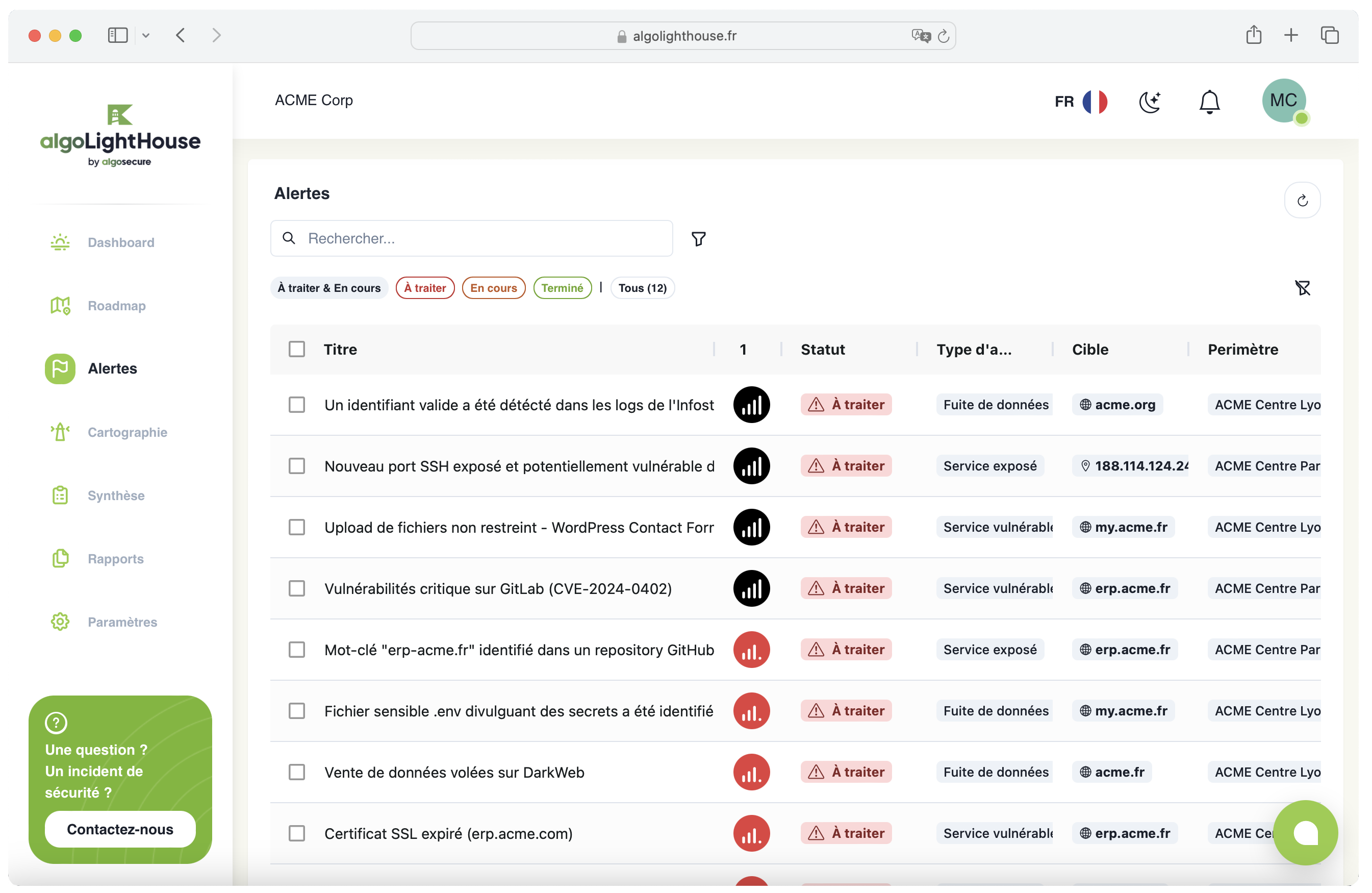 Capture d'écran de la plateforme AlgoLightHouse montant des alertes de sécurité à traiter